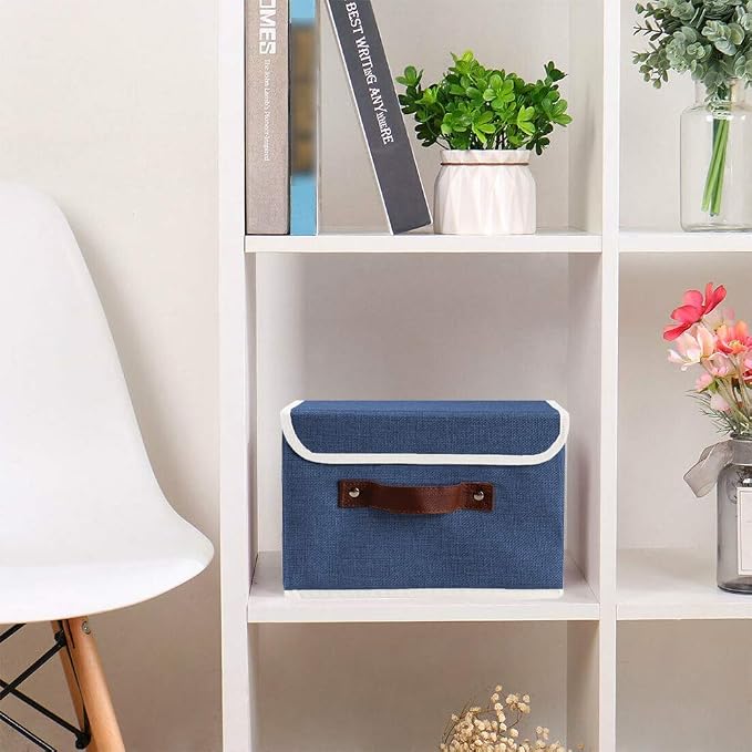 2Pack Storage Bins Boxes with Lids 10" x 8" x 7" Decorative Storage Baskets | Cotton Linen Fabric, Collapsible, Faux Leather Handles, Storage Cubes, Closet Shelf Clothes Organizer Container, Blue