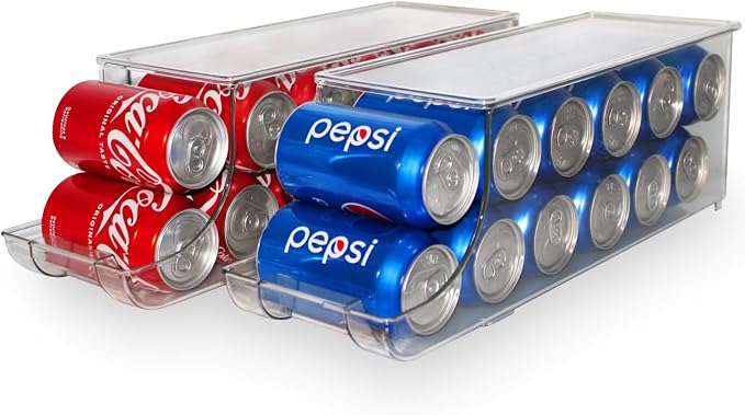 Soda Can Organizer with Lids, Stackable Soda Can Dispenser for Refrigerator, Clear Can Holder Organization and Storage Bins for Fridge, Kitchen, Countertop, Drink Pantry Organizers, Holds 12 Cans Each