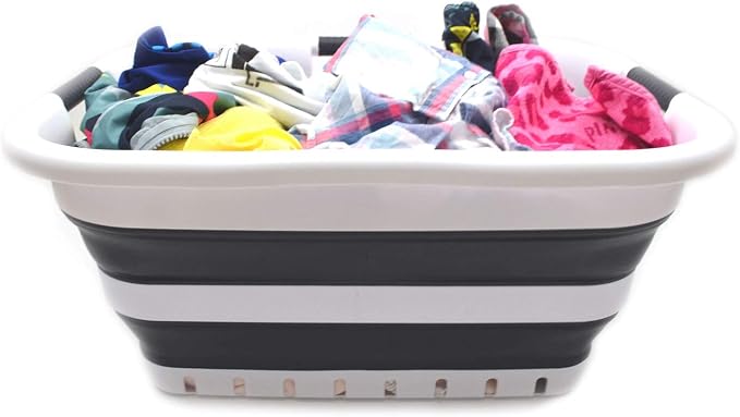SAMMART 41L (10.8 gallon) Collapsible 3 Handled Plastic Laundry Basket - Foldable Pop Up Storage Container/Organizer - Portable Washing Tub - Space Saving Hamper/Basket (3 handled rectangular, Black)