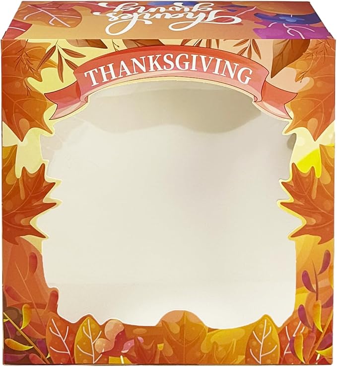 qiqee Thanksgiving 4pcs 10x10x5 inches Cake Boxes with Window 4Packs, 10 Inch Bakery Boxes Orange Maple Leaf Thanksgiving (4 cake boxes +4 Cake Boards Included)