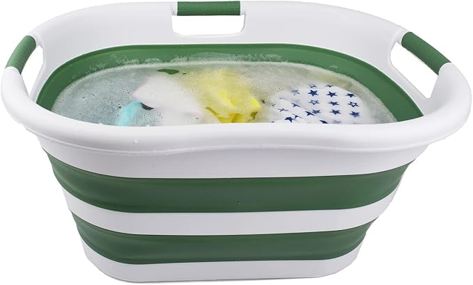 SAMMART 40L (10.5 gallon) Collapsible Plastic Laundry Basket - Foldable Pop Up Storage Container/Organizer - Portable Washing Tub - Space Saving Hamper/Basket (1, White/Dark Sea Green)