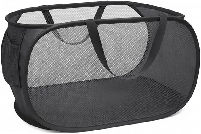 Pop Up Laundry Hamper,Collapsible Horizontal Baskets with Handles & Side Pocket,Foldable Sturdy mesh for Laundry Room,Bathroom,Kids Room,College Dorm or Travel (Black)