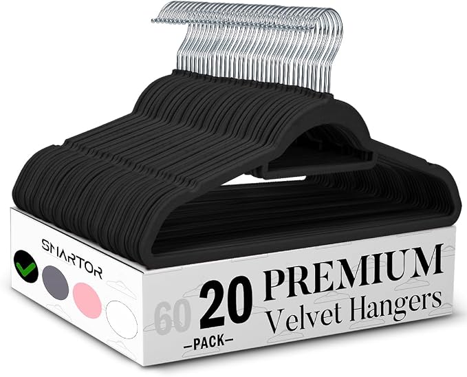 Smartor Black Velvet Hangers 20 Pack, Space Saving Clothes Hangers with Tie Bar, Non-Slip Felt Hanger with Shoulder Notches, Heavy Duty Suit Hanger for Coat, Shirt, Pants, Dress | Non-slip Felt, Shoulder Notches and 360° Hooks Keep Suits, Dresses and P...