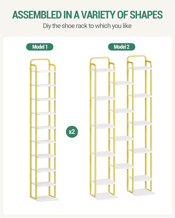 Hzuaneri 10 Tiers Vertical Shoe Rack, Narrow Shoe Tower, Tall Shoes Shelf with 2 Hooks, Adjustable Shelves, Corner Shoes Shelves for Small Spaces, Entryway, Living Room, White Gold SR11213A