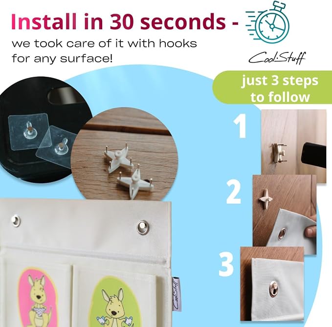 Cool-Stuff Kids Hanging Clothes Organizer – Over The Door Storage for Pajamas, Toys, Socks – Wall Mount Closet Organizer for Toddler, Preschool, Kindergarten – Water-Resistant, Beige, 44x14.5