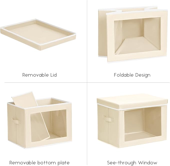 Homsorout Storage Bins with Lids - Small Fabric Organizers with Window, Collapsible Storage Bins for Clothes, Decorative Closet Organizers for Towels, Tshirt, 3 Pack, Beige