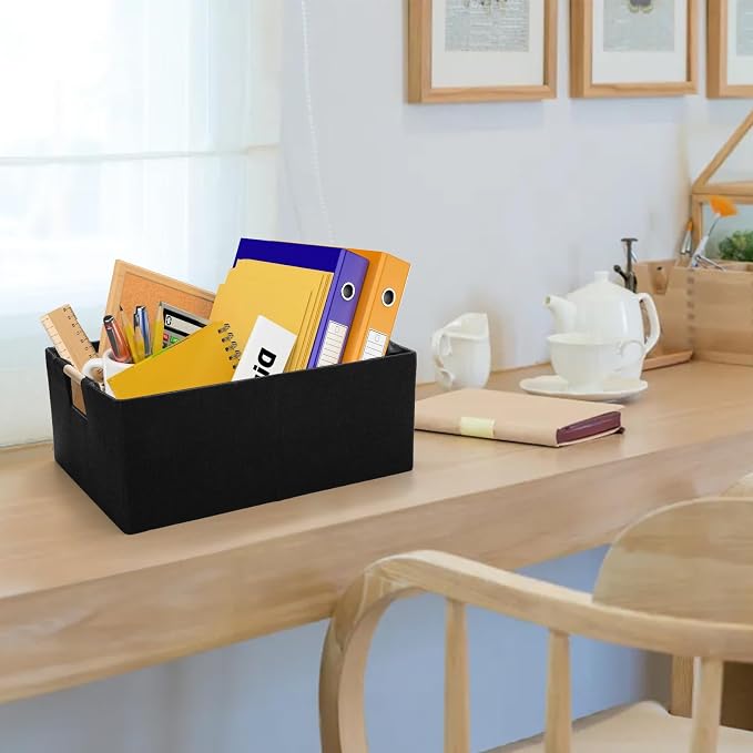 ZOOFOX Set of 2 Black Storage Baskets, Closet Storage Bins with Wooden Handles, Foldable Rectangular Storage Baskets for Shelves, Closets, Home, Office