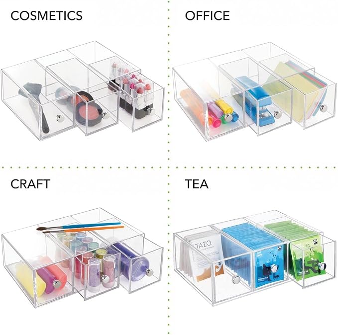 mDesign Plastic Kitchen Pantry Stackable Storage Organizer Container Station with 3 Drawers for Cabinet, Countertop, Holds Coffee, Tea, Sugar Packets, Creamers - Lumiere Collection - Clear