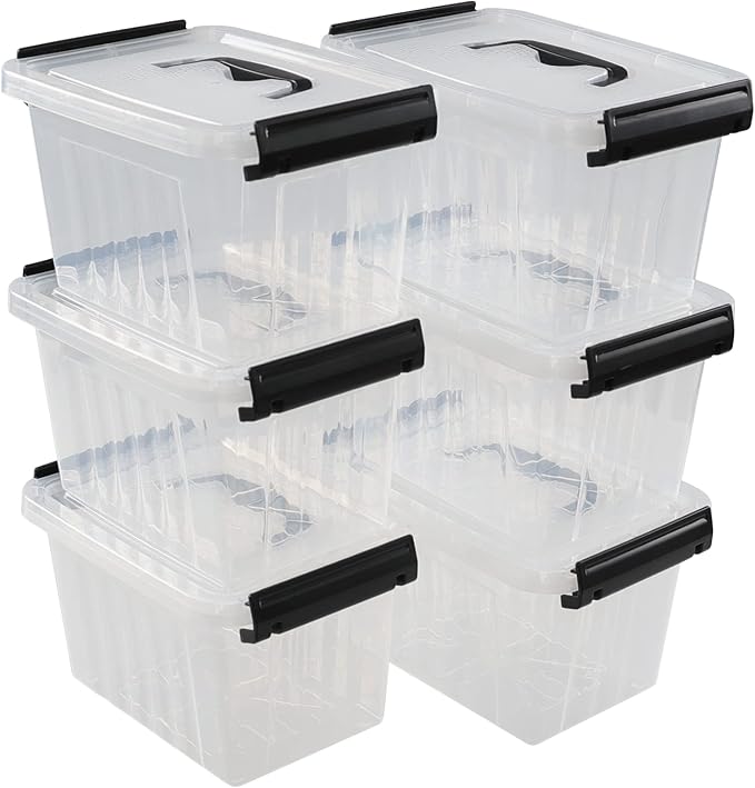 Ramddy 3.5 Quart Small Plastic Lidded Storage Box with Handles, 6 Packs | Clear Latching Bin