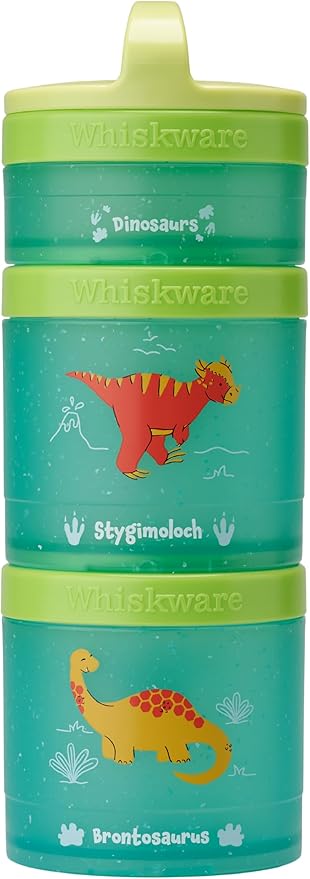 Whiskware Dinosaur Stackable Snack Containers for Kids and Toddlers, 3 Stackable Snack Cups for School and Travel, Green/Blue