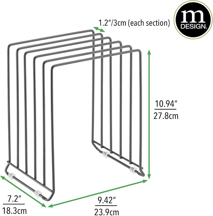 mDesign X-Large Steel Storage Tray Organizer Rack for Kitchen Cabinet, Divided Holder - 5 Slots for Skillets, Frying Pan, Pot Lids, Cutting Board, Baking Sheets, Concerto Collection, 2 Pack, Dark Gray