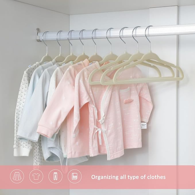 ManGotree 11" Baby Velvet Hangers, Non-Slip Infant Coat Hangers, Ultra-Thin Toddler Felt Hanger with 360° Swivel Hook, Space Saving Children's Hanger for Kids Clothes, 48 Pack (Beige)