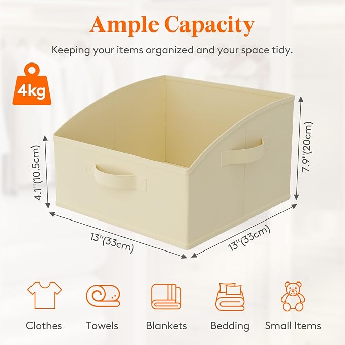 Lifewit Trapezoid Closet Storage Bins for Shelf, 6 Packs Non-woven Closet Organizer Baskets with Handles, Foldable Clothes Containers Boxes for Clothing, Book, Purse, 16L, Medium, Beige