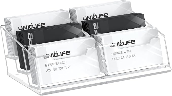 Uniclife Clear Acrylic Business Card Display Stand for Desk 6 Slots Business Card Holder for Men & Women Desktop Business Card Organizer 360 Card Capacity Card Stand for Office Home Exhibition