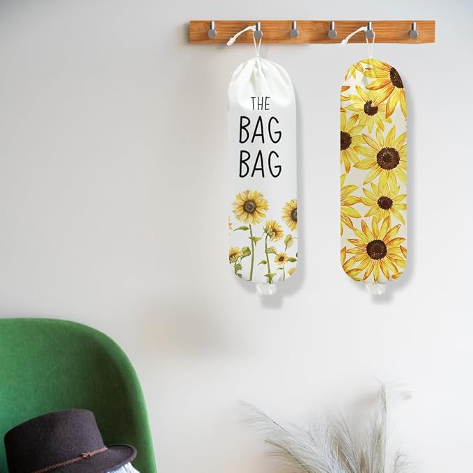 2Pcs Sunflowers Plastic Bag Holder 22.5x9 Inch, Wall Mount Grocery Bag Holder for Plastic Bags, Summer Floral Reusable Grocery Bags Storage Dispenser for Home Kitchen Decor, Sunflower Gifts for Women