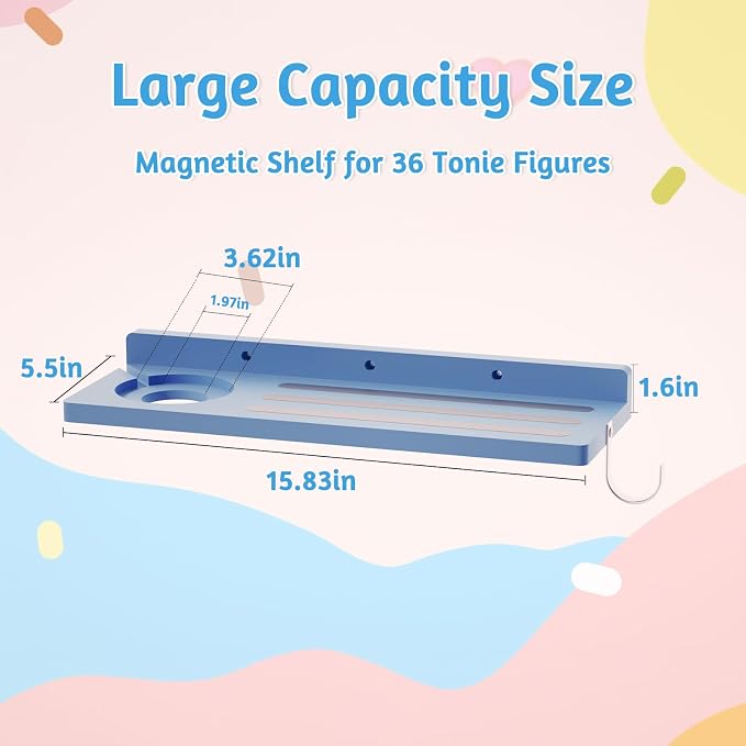 for Tonies Shelf Magnetic - 1 Tier Wooden Tonies Figure Organizer, Blue | Tonies Box Holder, Magnetic Display Shelf for Kids Room, Wall Floating Shelves Toy Storage Compatible Charging Station
