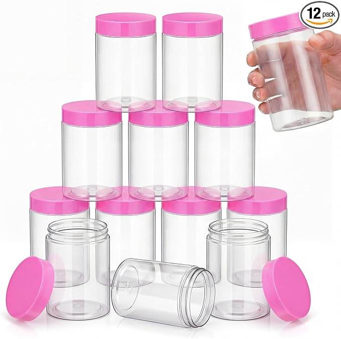 SATINIOR 12 Pack 10 oz Plastic Container Jars with Lids Round Clear Travel Cosmetic Container Slime Jars for Toiletries, Lotion, Cream, Ointments, Makeup, Rhinestone, Samples, Kitchen Storage(Pink)