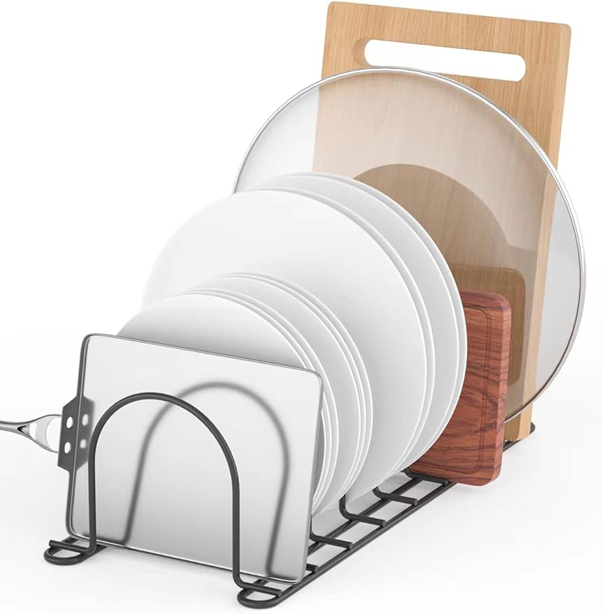 JAQ Pan Organizer Rack for Cabinet, Pot Lid Holder & Baking Sheet Organizer, Plate and Cutting Board Rack for Kitchen Countertop or Cabinet (2 Pack, Black)