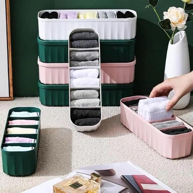 Drawer Organizer Set of 4 – Plastic Innerwear & Undergarment Storage Boxes for Socks, Bras, Ties & Small Clothes – Close