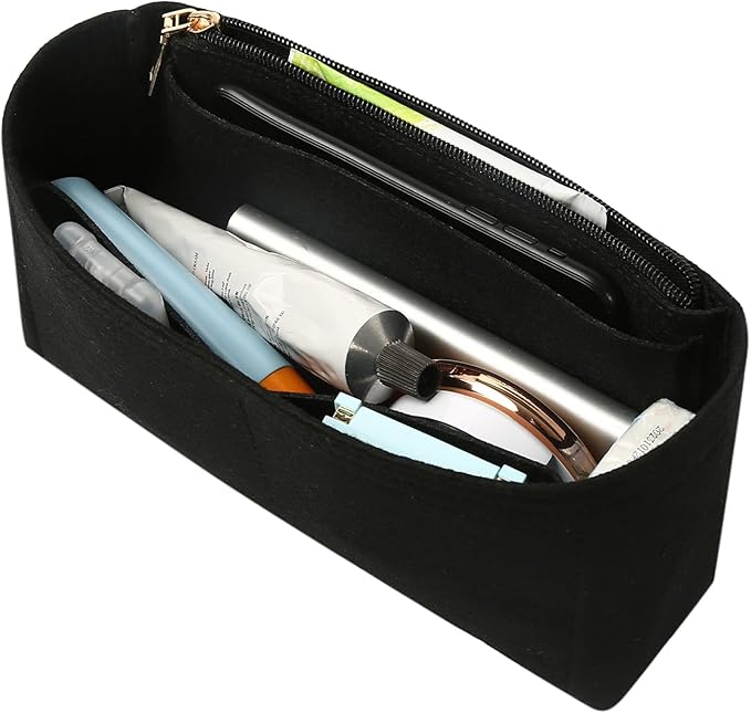 Surblue Purse Organizer Insert for Handbags, Felt Bag Organizer with Zippers Handbag Shaper Pouch for Classic 19 Flap Bag, Marmont, Onthego,（Black, Slender S）