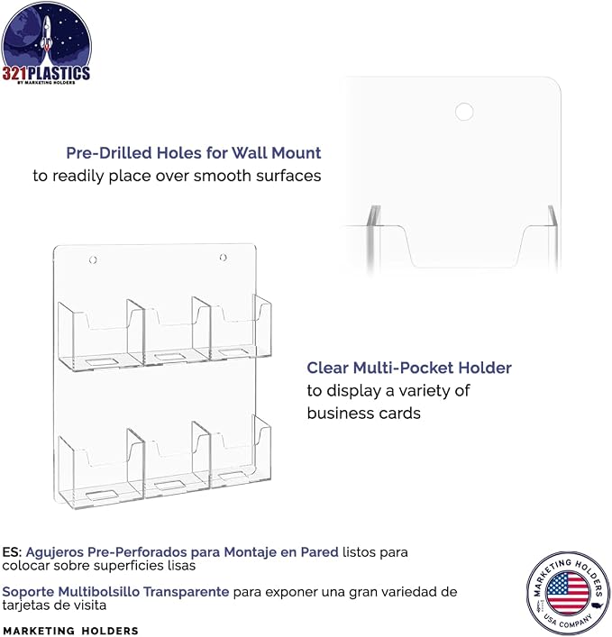 Marketing Holders Wall Business Card Holder with Hanging Hardware for 2" x 3.5" Vertical Gift Cards Clear Acrylic 6 Slot Display Holds 50 Contact or 30 Membership Cards