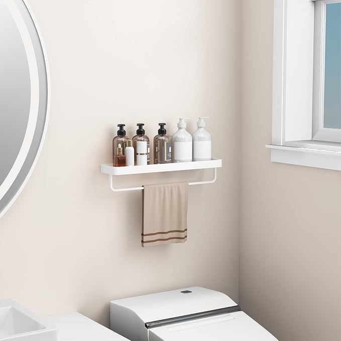 Danpoo 20 Inch Long Floating Bathroom Shelf with Towel Bar, Clear Tempered Glass Wall Shelf for Bathroom Storage Organizer, Matte White