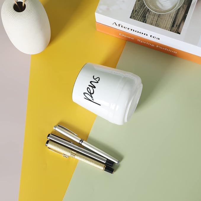 LEETOYI Ceramic Farmhouse Pen Holder for Desk, Pencil Organizer 16oz (White)