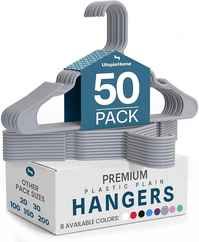Utopia Home - Plastic Hangers 50 Pack - Space Saving Clothes Hanger - Durable and Strong Closet Organizers and Storage Makes It Ideal Stocking Stuffers or Apartment or Dorm Room Essentials (Grey)