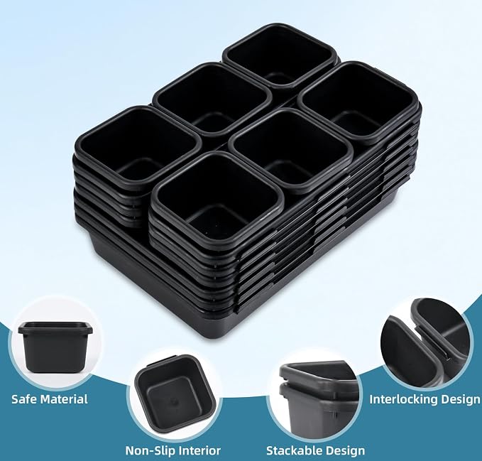 Kutesna 15 Piece Drawer Organizer Set, 3 Size Interlocking Plastic Storage Bins for Office Supplies, Jewelry Makeup Vanity, Bathroom Kitchen, Home Organization Closet, Gadgets Small Items, Black