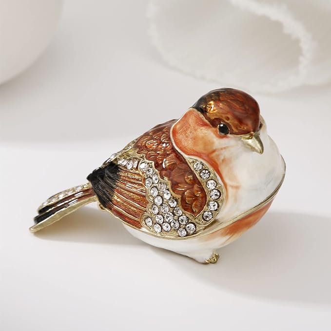 Hand Painted Enamel Goldfinch Trinket Box for Home Decor, Hinged Jewelry Organizer for Ring Earrings, Unique Figurine Keepsake Collectible Personalized Elegant Handmade Ornament Gifts (Gold Finch)