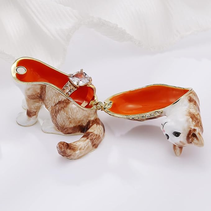 Hand Painted Animal Trinket Box for Home Decor, Hinged Jewelry Organizer Storage, Unique Personalized Collectible Keepsake Figurine Handmade Decorative Ornament Gifts (Cat)