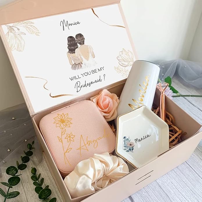 Bridesmaid Gifts Jewelry Box Personalized Small Jewelry Travel Case Custom PU Leather Portable Bridesmaid Proposal Boxes Mini Jewellery Organizer Storage Earrings Rings Necklaces for Women Girls-Pink