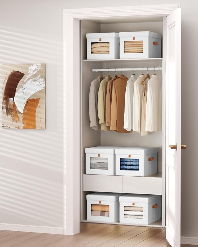 Homsorout Storage Bins with Lid – Closet Organizer with Side Opening and Clear Window, Foldable Stackable Fabric Basket for Clothes, Home, Office - 13.77" x 11.8" x 9.8", 5 Pack, White