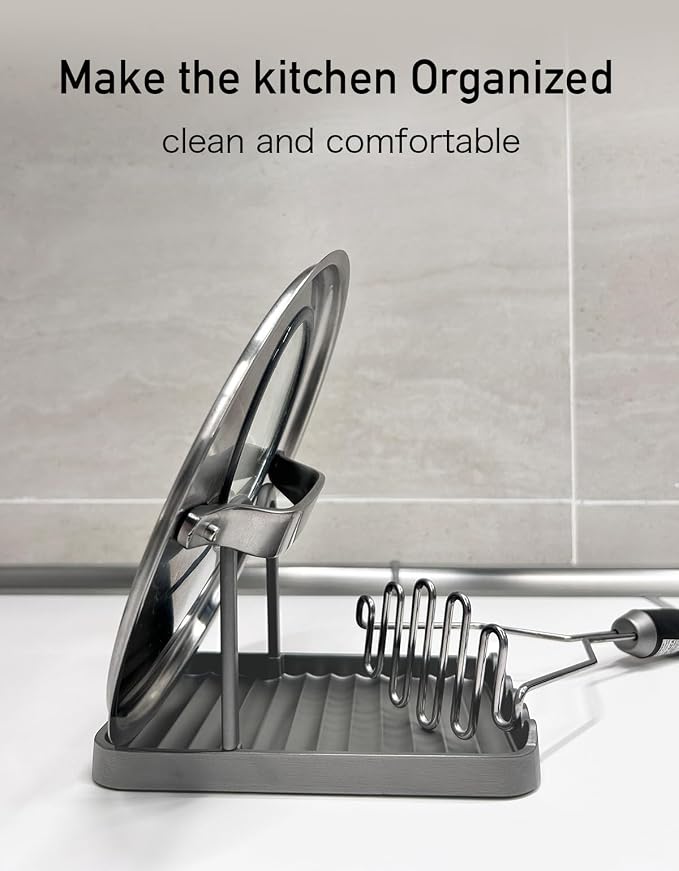Anti-Rust Metal Spoon Rest with Lid Holder, Heat-Resistant Pot Lid Rest, Multifunctional Spatula Holder While Cooking for Stovetop and Kitchen Counter – Grey