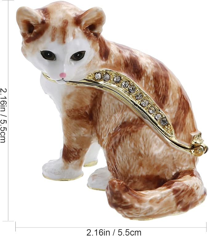 Hand Painted Animal Trinket Box for Home Decor, Hinged Jewelry Organizer Storage, Unique Personalized Collectible Keepsake Figurine Handmade Decorative Ornament Gifts (Cat)