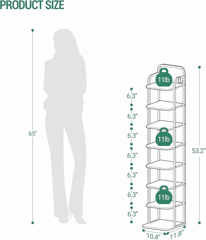 Hzuaneri 8 Tiers Vertical Shoe Rack, Narrow Shoe Tower, Tall Shoes Shelf with 2 Hooks, Adjustable Shelves, Corner Shoes Shelves for Small Spaces, Entryway, Living Room, Rustic Brown SR04301B