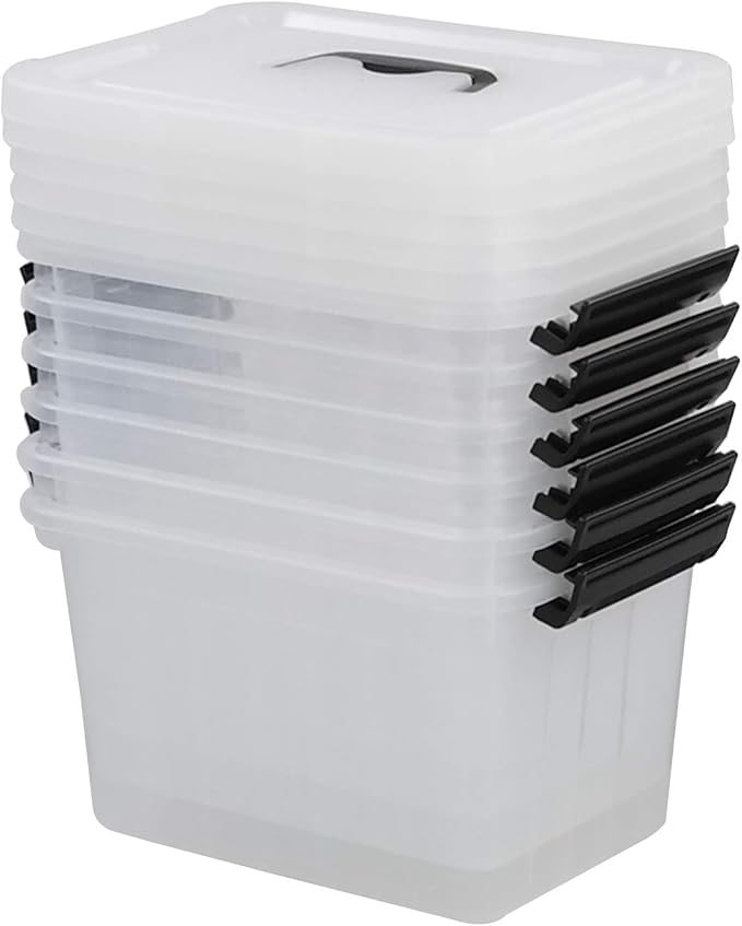 Gloreen 6 Packs 6 Quart Clear Lidded Storage Bins with Handle, Stackable Plastic Latching Storage Box Containers