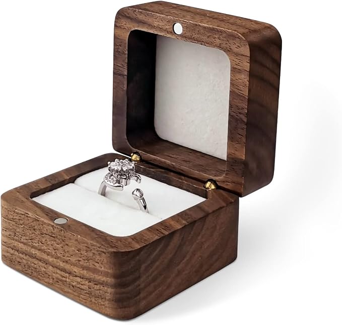 Wooden Ring Box, Mini Engagement Ring Holder Box with Single Slot, Square Wedding Rings Box for Rings, Elegant and Retro RingHolder Box for Wedding, Ceremony (white)