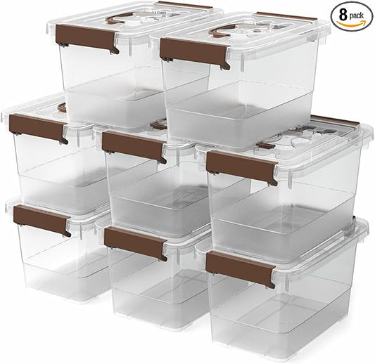 8 Pack Plastic Storage Latch Bins, 4 Quart Clear Plastic Handle Box with Lids and Handle, Multi-Purpose