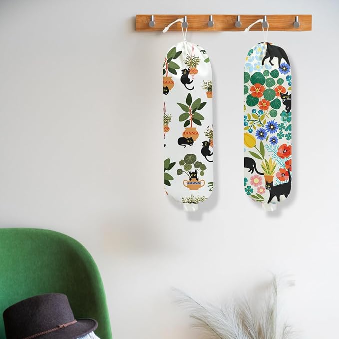 2Pcs Cat Plastic Bag Holder, Plant Wall Mount Grocery Bag Holder for Plastic Bags, Floral Reusable Grocery Bags Storage Dispenser for Home Kitchen Decor, Flower Gifts for Women Cat Lovers, 22.5x9 Inch
