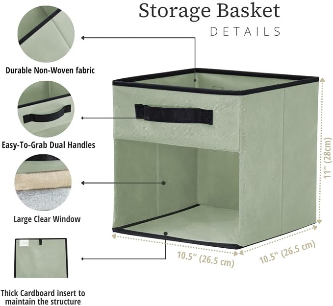 DECOMOMO Storage Bins, Cube Storage Bin with Window | 11" Cube, 6 Pack, Fabric Storage Cubes for Shelves (Green)