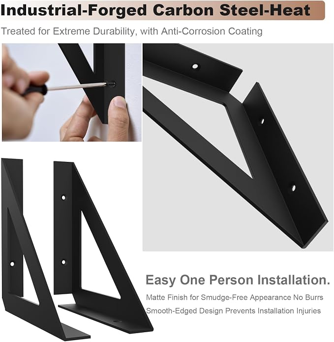 Heavy Duty Shelf Bracket 8 Inch, 4 Pack Black Brackets Right Angle Triangle Wall Mount, Durable for Garage & Workshop Organization