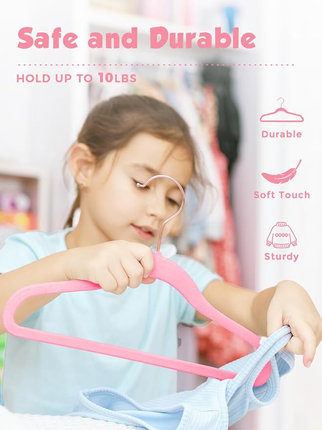 Smartor Kids Velvet Hangers 50 Pack, 14 Inch Premium Non Slip Kids Felt Hangers for Closet, Space Saving Toddler Clothes Hanger for Youth's Childrens' Clothes (Rose Gold Hook)- Pink