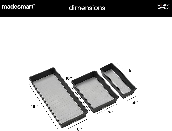 madesmart 3 Bin Drawer Organizer Set, Multi Purpose Storage for Utensils, Office & Bathroom, Organizer for Cutlery, Peeling Tools, Spatulas, Soft Grip Lining & Non Slip Feet, Granite