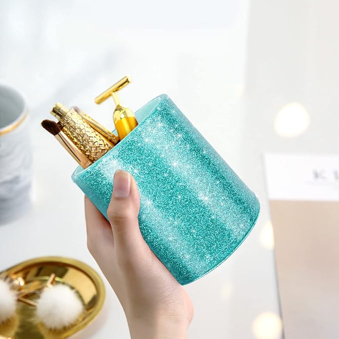 Glitter Pen Holder Pencil Organizer, Cute Pencil Cup Desk Decor, Decorative Makeup Brush Holder Large, Leather Multi-Functional Organizer Cup for Office, Home, Classroom, Blue+Green