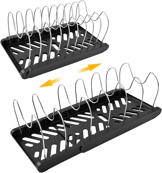 Pots and Pans Organizer for under Cabinet, Expandable Pot Lid Holder with 10 Adjustable Compartment, Pan Organizer Inside Cabinet for Lids & Cookware(COLOR:Black)