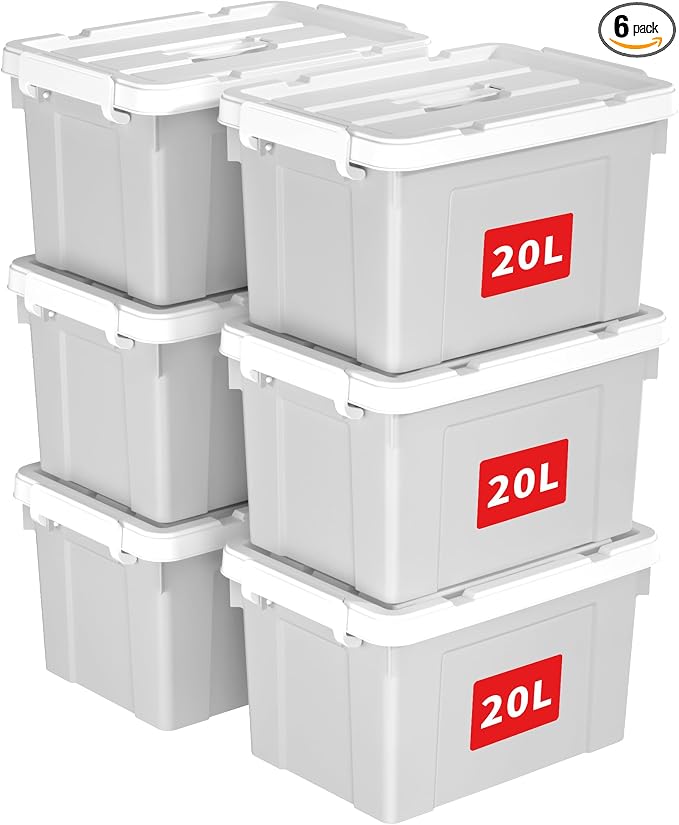 Cetomo Lidded Storage Bin with Handle, Tote Organizing Container with Durable Lid and Secure Latching Buckles, Stackable and Nestable, Plastic, 25 Quart-6 Pack, Gray