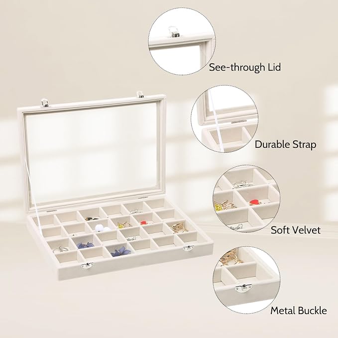 Stratalife Jewelry Organizer Jewelry Tray with See-through Lid 24 Grids Earring Display Showcase Large Velvet Storage Box for Earring Necklace Rings Dice Beige