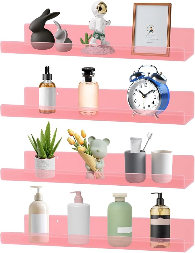 Dezzer 4 Pack Acrylic Shelves for Wall, 15" Acrylic Floating Shelves for Bathroom Bedroom, Invisible Bookshelf Wall Ledge Storage Shelf Books Perfume Toys Action Figure Display Shelves, Pink