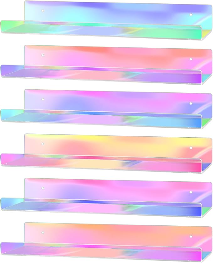 Dezzer 6 Pack Acrylic Shelves for Wall, 15" Acrylic Floating Shelves for Bathroom Bedroom, Invisible Bookshelf Wall Ledge Storage Shelf Books Perfume Toys Action Figure Display Shelves, Iridescent